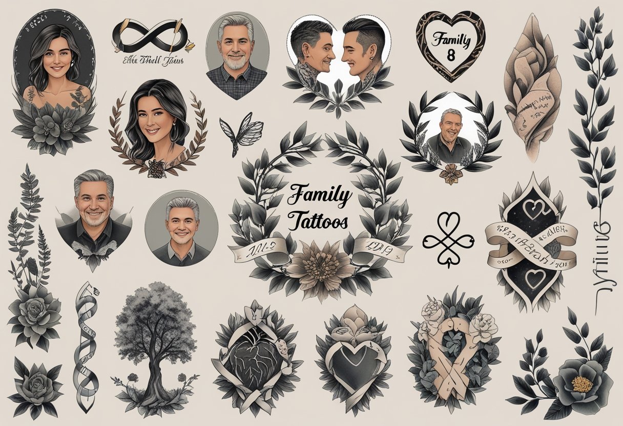 Tatuagem família: ideias e inspirações para homenagear seus entes queridos Ilustração mostrando diferentes tipos de tatuagens que representam a família, incluindo árvores genealógicas, corações entrelaçados e retratos simbólicos de membros da família.
