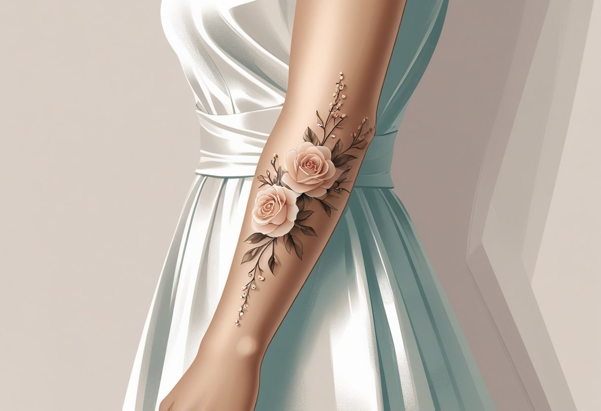 Tatuagem feminina no antebraço: inspirações e dicas para escolher a sua Um antebraço feminino com uma tatuagem delicada de flores e padrões geométricos, em um fundo claro e simples.