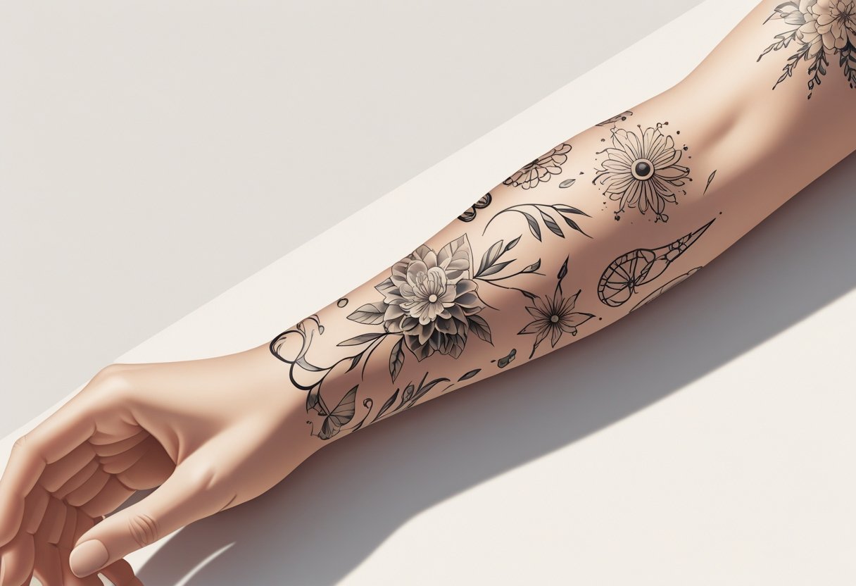 Tatuagem feminina no antebraço: inspirações e dicas para escolher a sua Ilustração detalhada de um antebraço feminino com várias tatuagens visíveis, em uma pose natural contra um fundo simples.