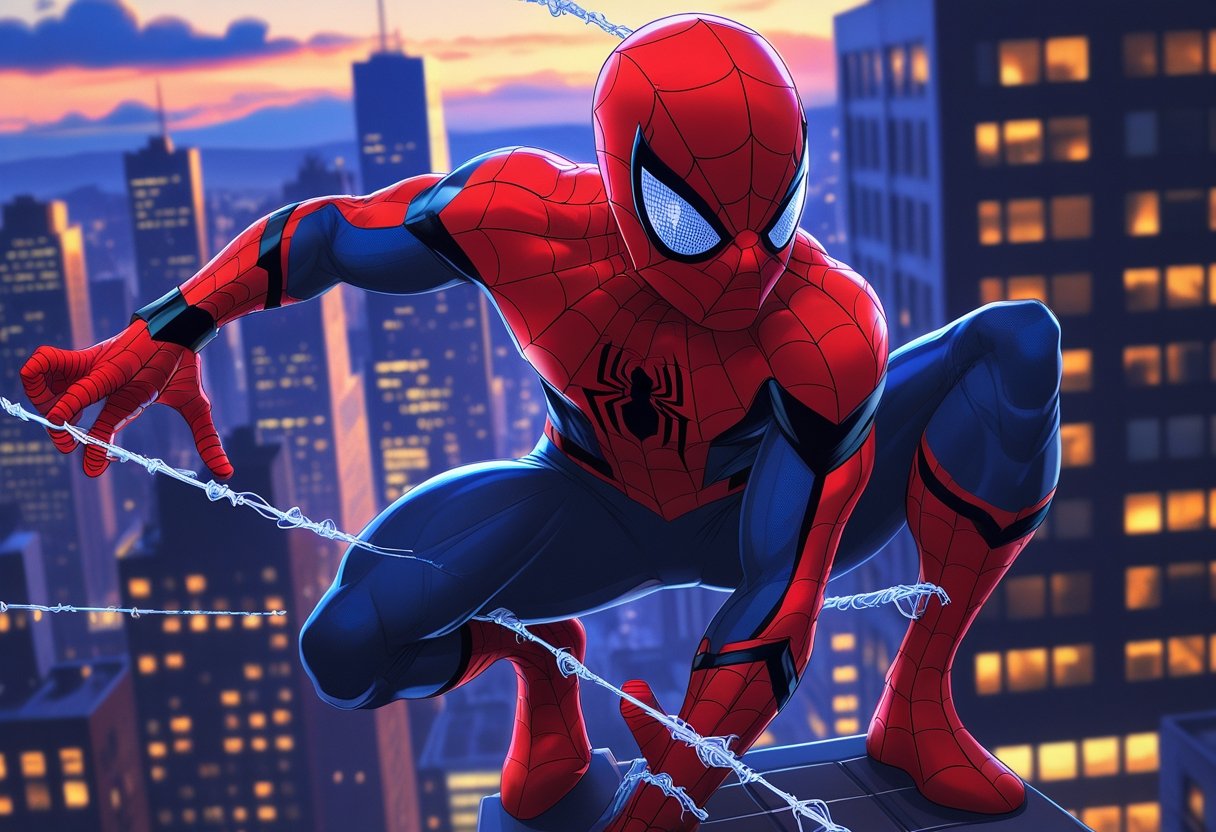 Tatuagem Homem Aranha: Inspirações e Significados para Fãs Homem-Aranha em pose dinâmica em cima de um prédio alto, com a cidade ao fundo ao anoitecer.