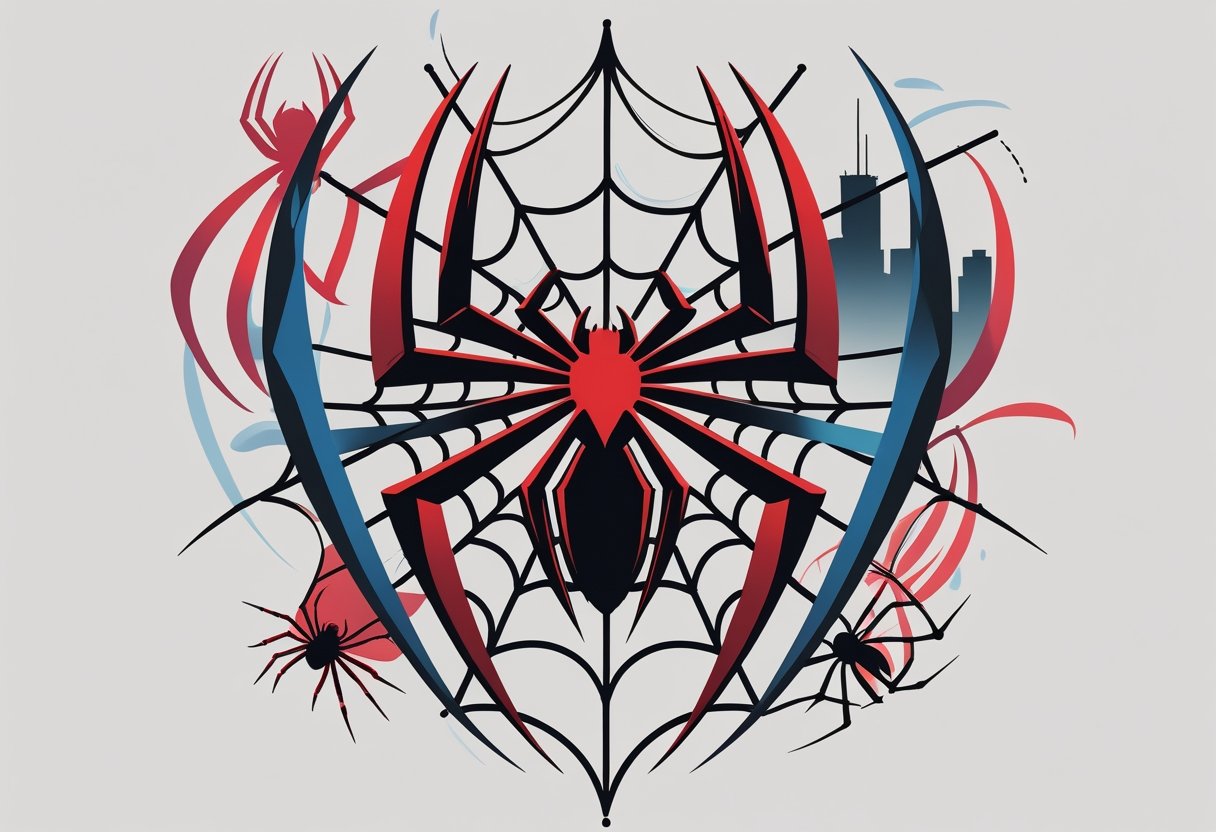 Tatuagem Homem Aranha: Inspirações e Significados para Fãs Ilustração de um emblema de aranha estilizado com padrões de teia, cercado por elementos que representam força, agilidade e heroísmo, com um horizonte de cidade ao fundo.