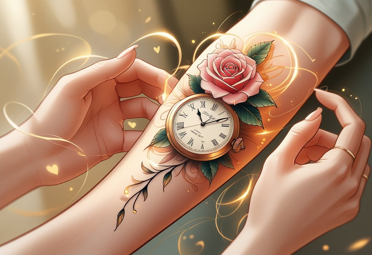 Tatuagem homenagem avó: ideias e inspirações para eternizar o amor familiar Ilustração de uma tatuagem no antebraço com uma rosa e um relógio antigo, simbolizando homenagem a uma avó, com mãos tocando delicadamente a tatuagem.