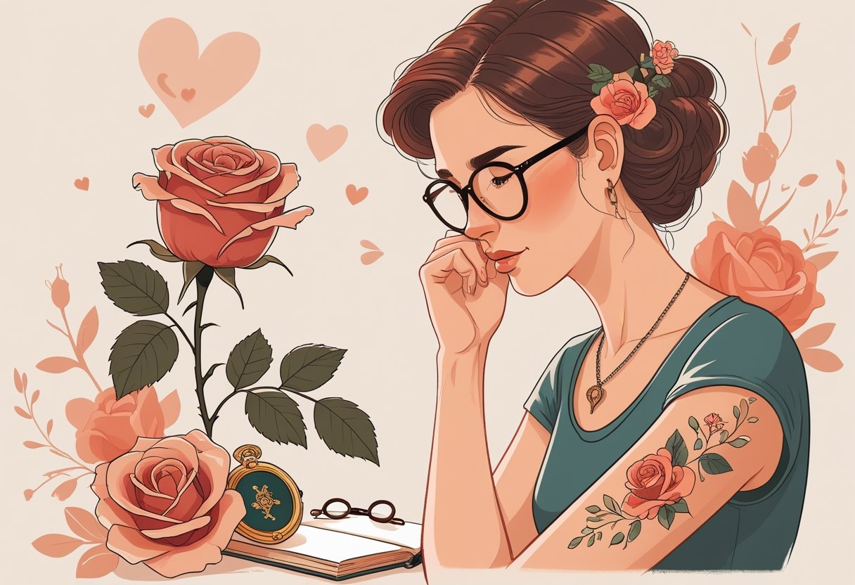 Tatuagem homenagem avó: ideias e inspirações para eternizar o amor familiar Pessoa olhando para uma tatuagem no antebraço com símbolos que representam a avó, como uma rosa, um medalhão e óculos de leitura.