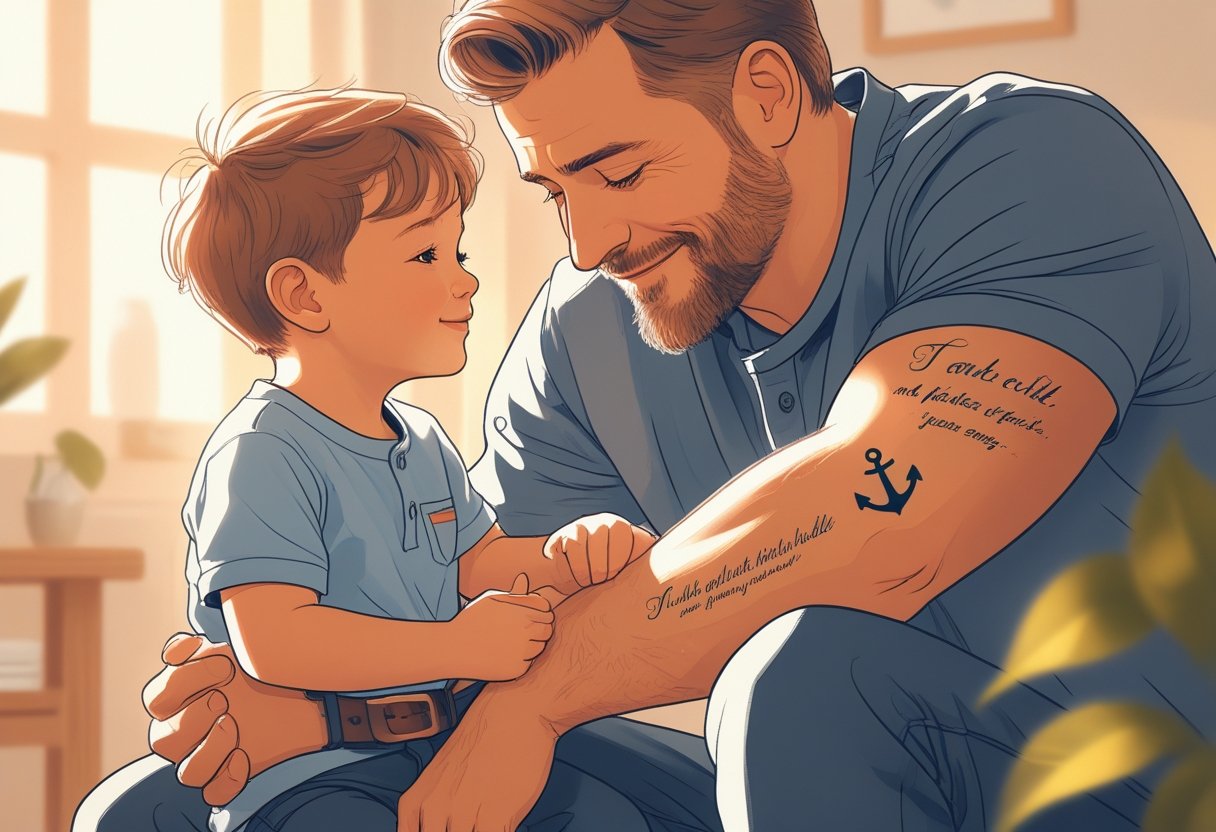 Tatuagem Homenagem Pai: Ideias Significativas para Honrar Seu Herói Pai e filho compartilhando um momento afetuoso, com uma tatuagem simbólica visível no antebraço do filho, representando homenagem ao pai.