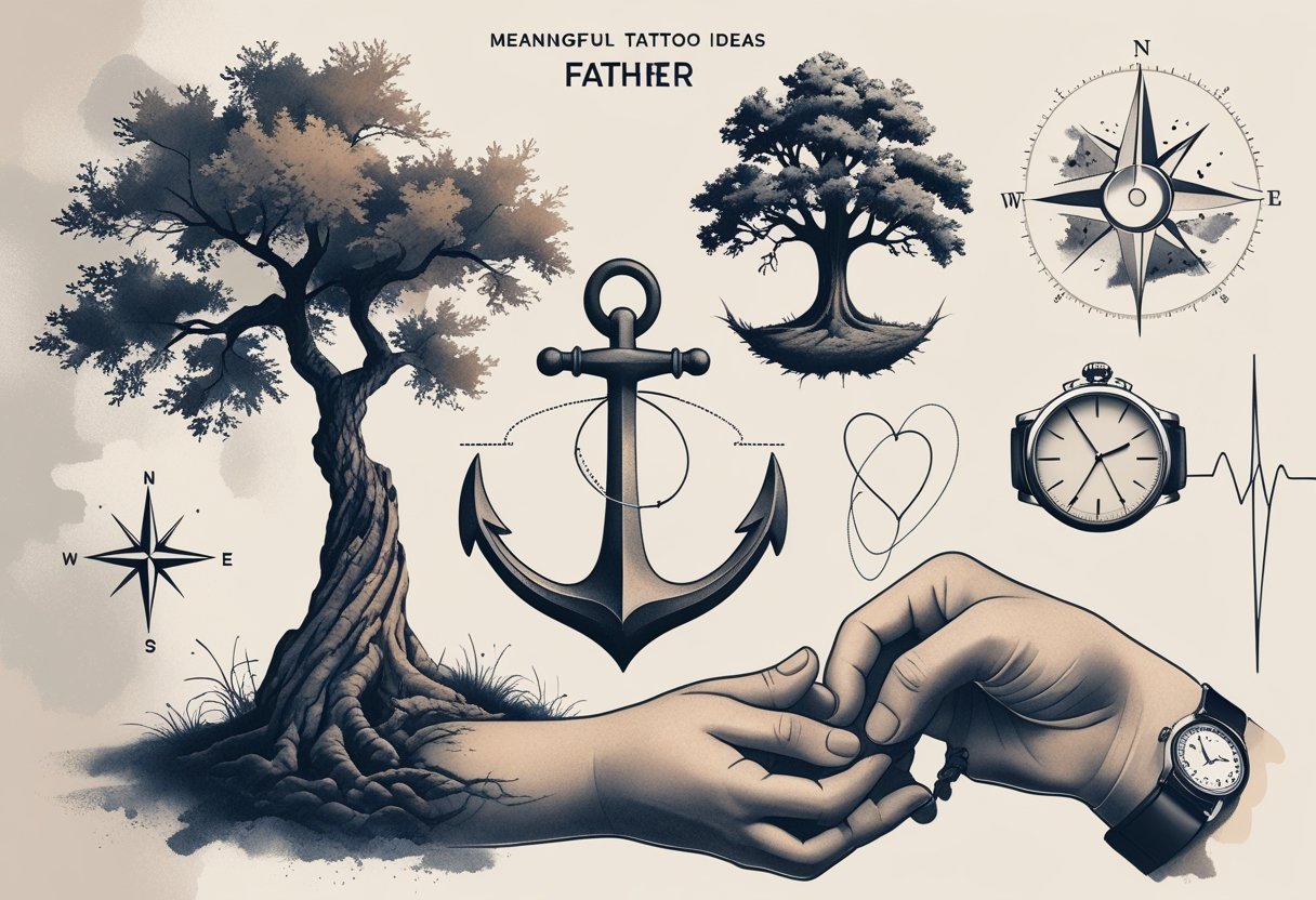 Tatuagem Homenagem Pai: Ideias Significativas para Honrar Seu Herói Várias ideias de tatuagens que homenageiam o pai, incluindo uma bússola, uma árvore, um âncora, mãos entrelaçadas, uma linha de batimentos cardíacos e um relógio.