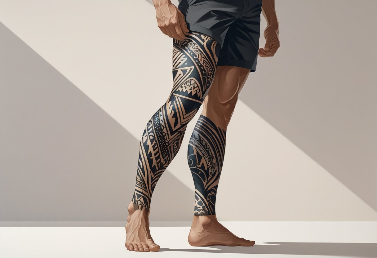 Tatuagem masculina na perna: inspirações e dicas para escolher o desenho ideal Ilustração de uma perna masculina com uma tatuagem detalhada cobrindo a panturrilha e a coxa.