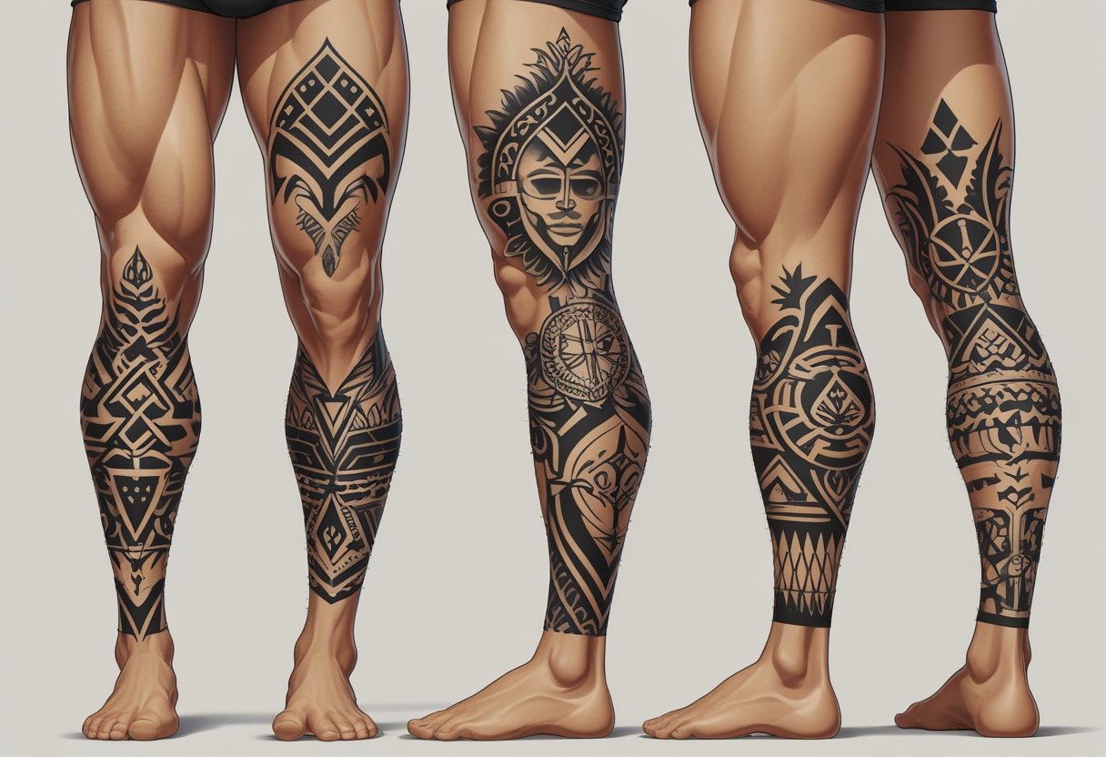 Tatuagem masculina na perna: inspirações e dicas para escolher o desenho ideal Ilustração de uma perna masculina mostrando diferentes áreas populares para tatuagens, com vários desenhos de tatuagem em diferentes partes da perna.