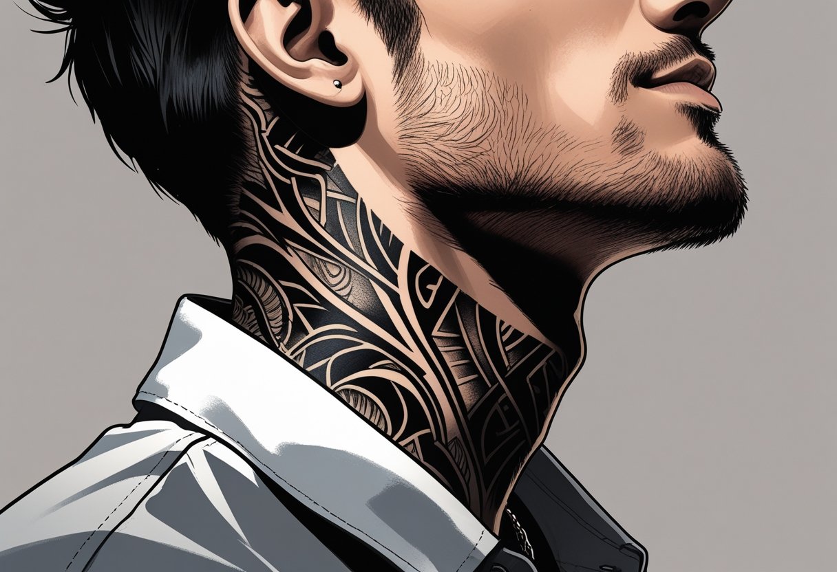 Tatuagem Masculina no Pescoço: Ideias, Cuidados e Inspirações Ilustração de um homem mostrando uma tatuagem masculina detalhada no pescoço.