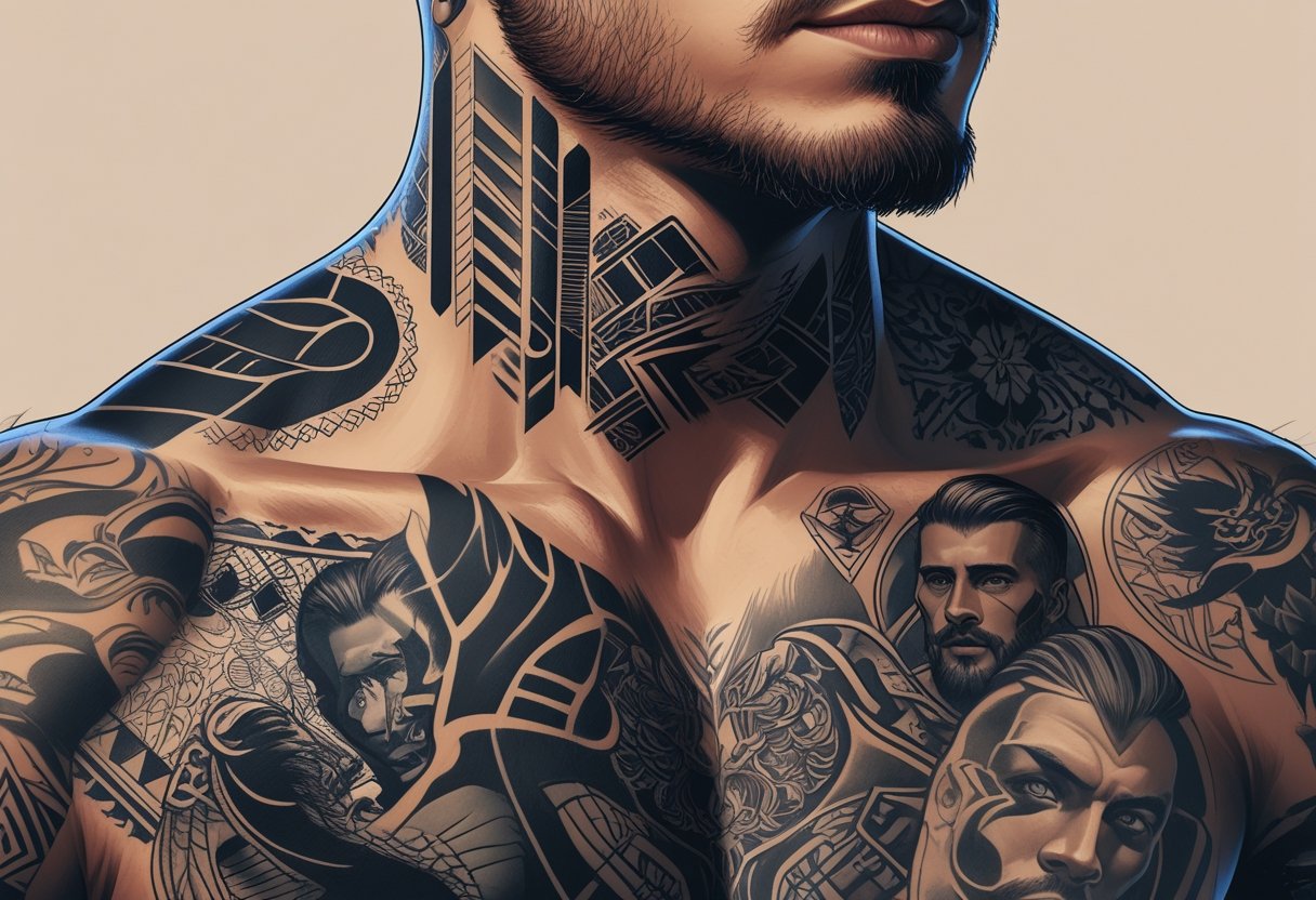 Tatuagem Masculina no Pescoço: Ideias, Cuidados e Inspirações Close-up do pescoço de um homem exibindo diferentes tatuagens masculinas.