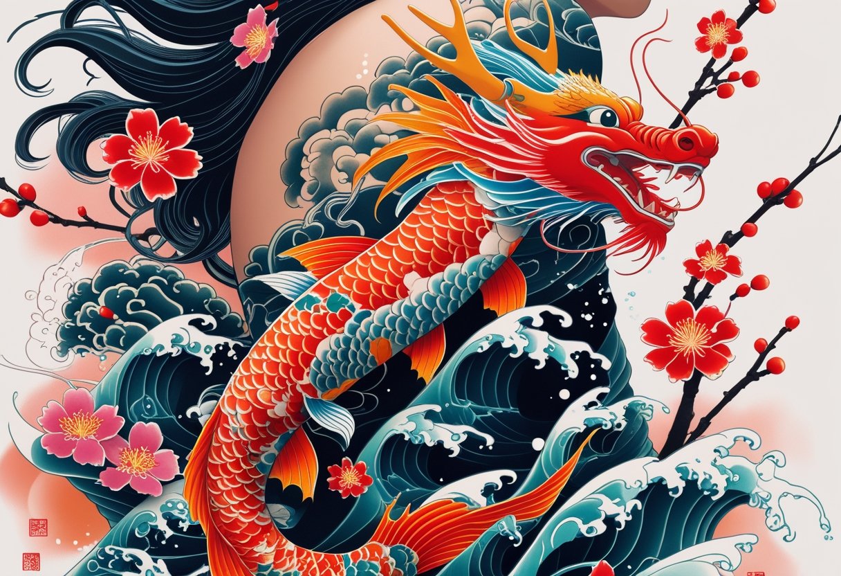 Braço com tatuagens orientais detalhadas, incluindo um peixe koi, flores de cerejeira, ondas e um dragão.