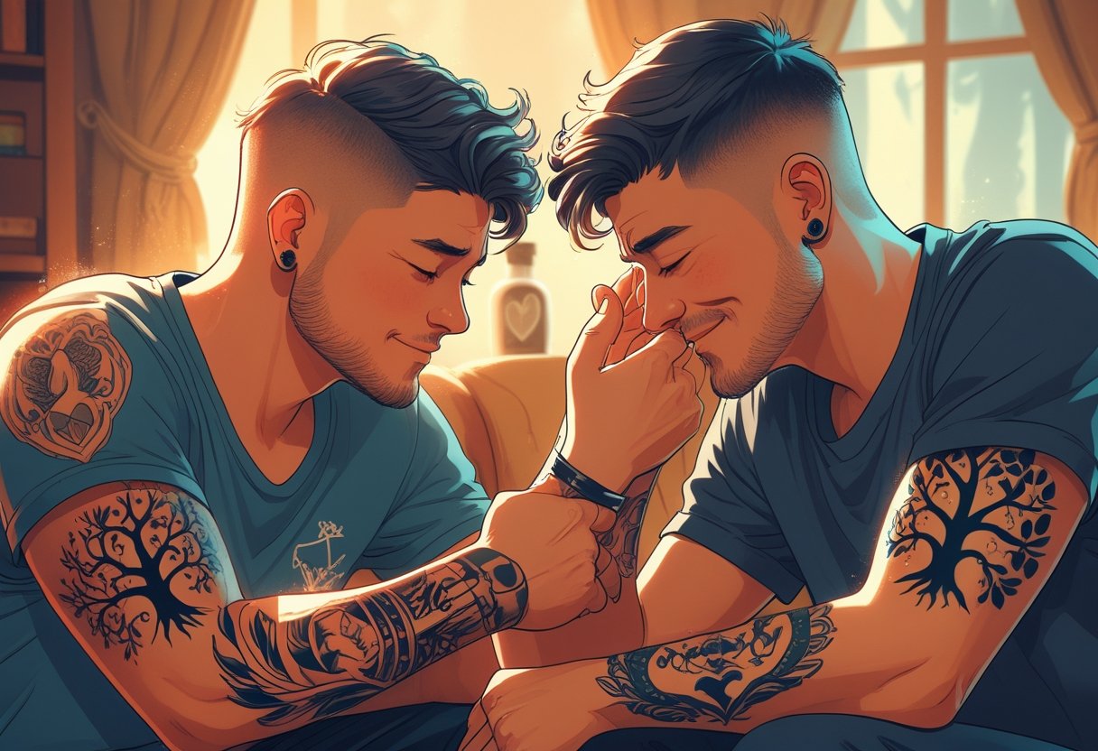 Pai e filho sentados juntos, mostrando tatuagens combinando nos braços, com o pai tocando a tatuagem do filho em um momento de conexão e carinho.