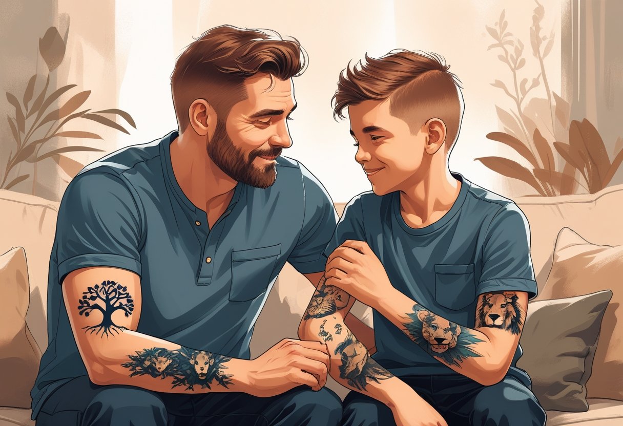 Pai e filho sentados juntos mostrando tatuagens combinando nos braços, demonstrando conexão e carinho entre eles.
