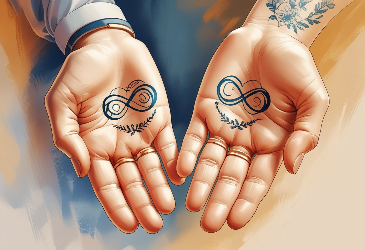Tatuagem Pai e Mãe: Ideias e Inspirações para Homenagear Seus Pais Duas mãos, uma representando o pai e outra a mãe, com tatuagens simbólicas que representam amor e união familiar.
