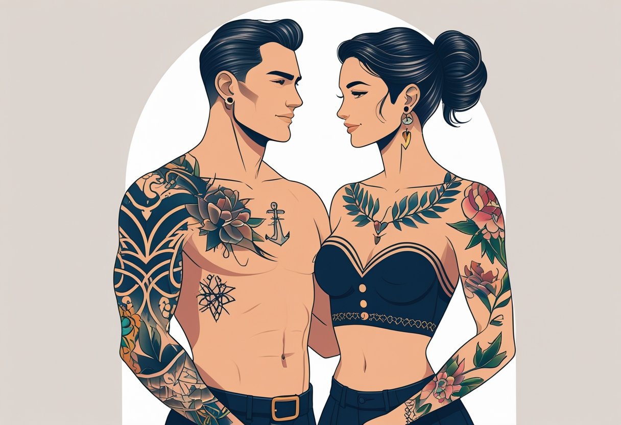 Tatuagem Pai e Mãe: Ideias e Inspirações para Homenagear Seus Pais Ilustração de um homem e uma mulher lado a lado, ambos com tatuagens visíveis nos braços e ombros, simbolizando uma conexão familiar.