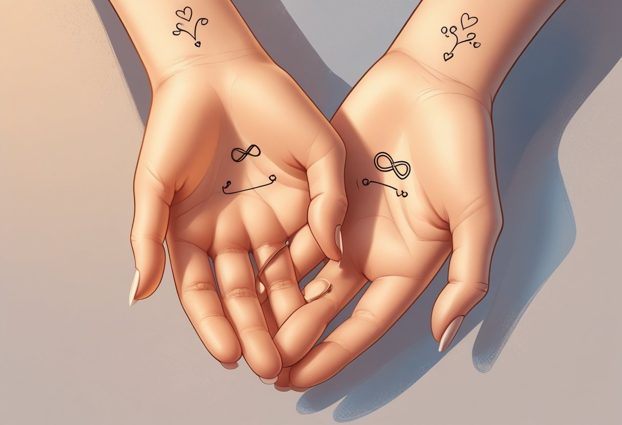 Tatuagem para casal: ideias inspiradoras para eternizar o amor Duas mãos entrelaçadas com tatuagens pequenas e combinando que simbolizam amor e conexão.