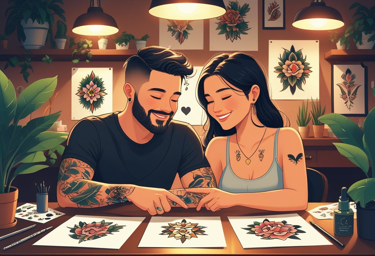 Tatuagem para casal: ideias inspiradoras para eternizar o amor Um casal sentado em uma mesa de estúdio de tatuagem, escolhendo juntos desenhos de tatuagens enquanto sorriem e apontam para as opções.