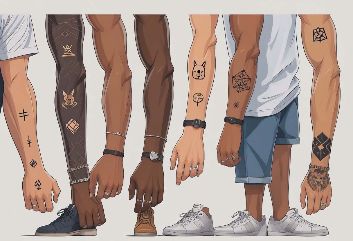 Homens com diferentes tipos de tatuagens pequenas masculinas em várias partes do corpo, como pulso, antebraço, ombro e tornozelo.