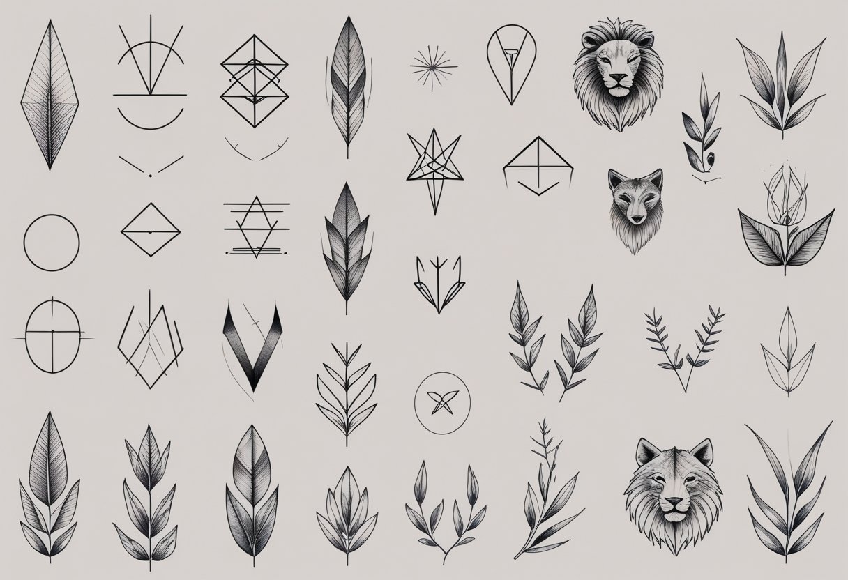 Ilustração profissional mostrando várias tatuagens pequenas masculinas em diferentes estilos, dispostas sobre um fundo neutro.