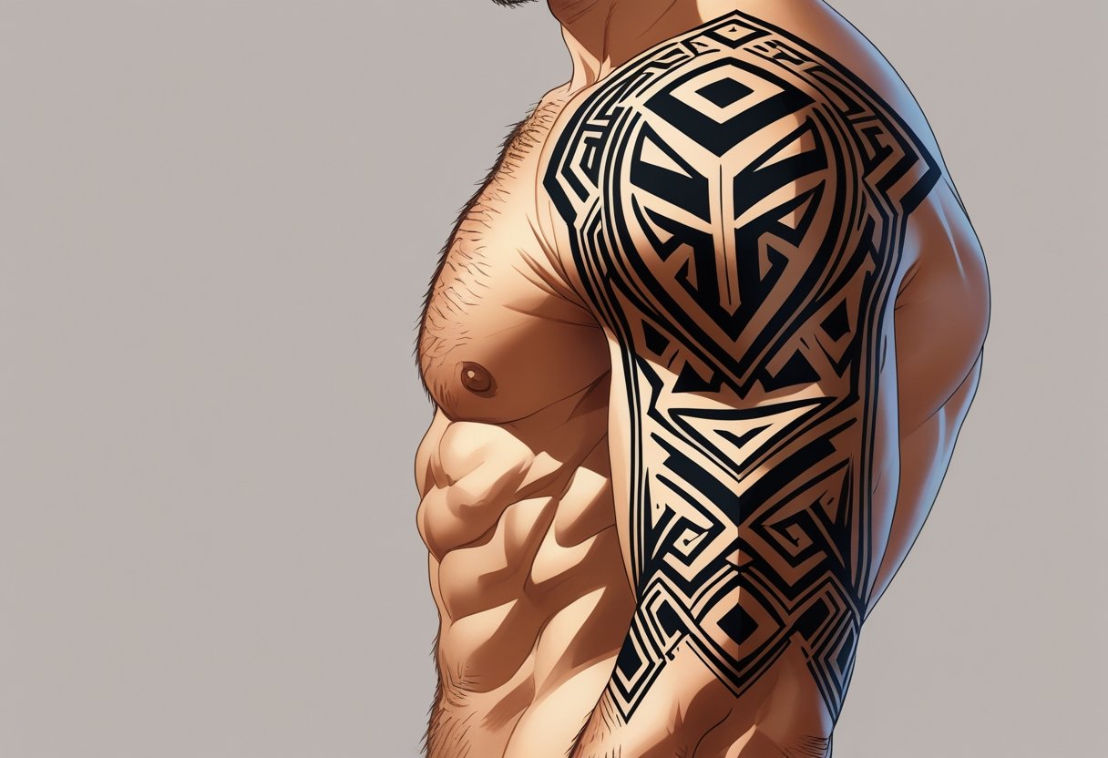Braço masculino com uma tatuagem tribal detalhada em preto, mostrando padrões geométricos e linhas simétricas.