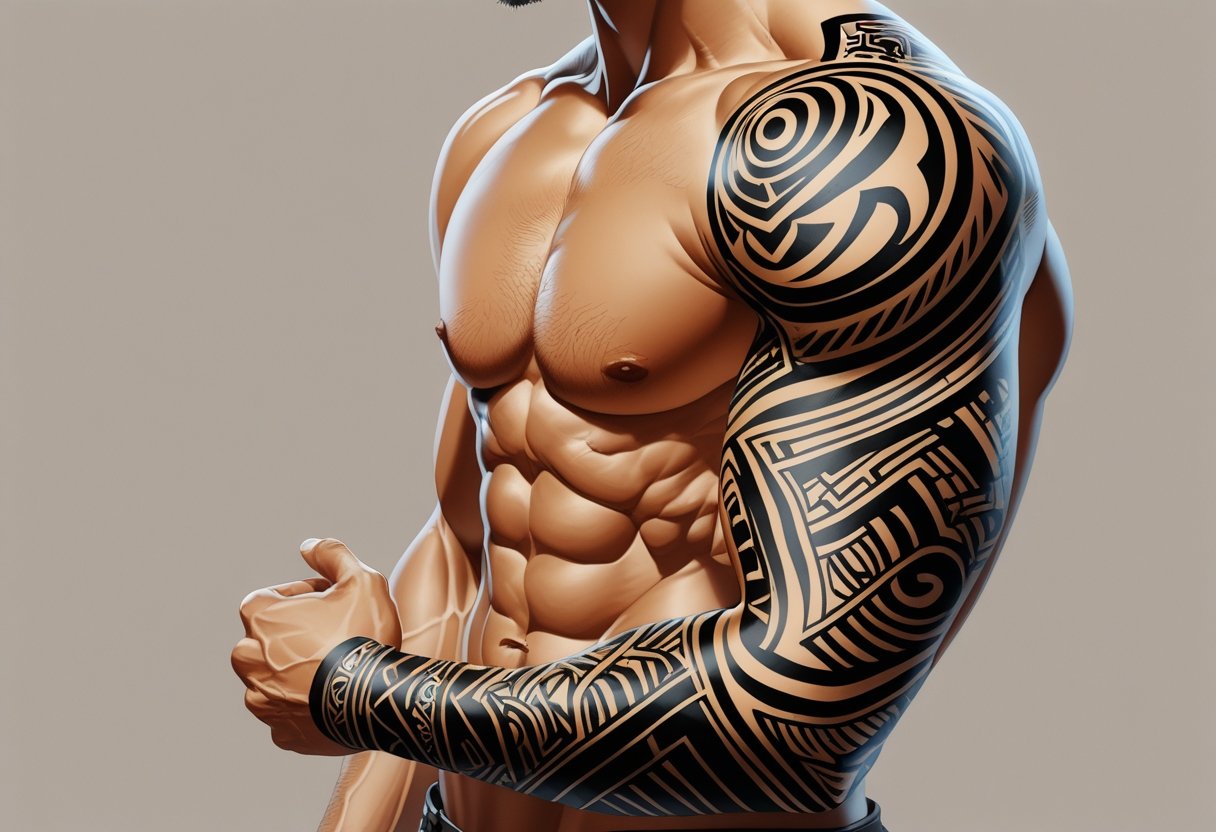 Braço masculino com tatuagens tribais detalhadas cobrindo a pele, mostrando os desenhos geométricos e linhas pretas características.