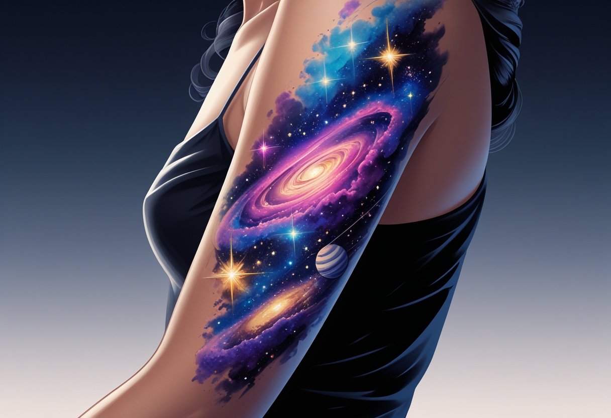 Braço humano com uma tatuagem detalhada que representa elementos do universo, incluindo estrelas, planetas e galáxias.