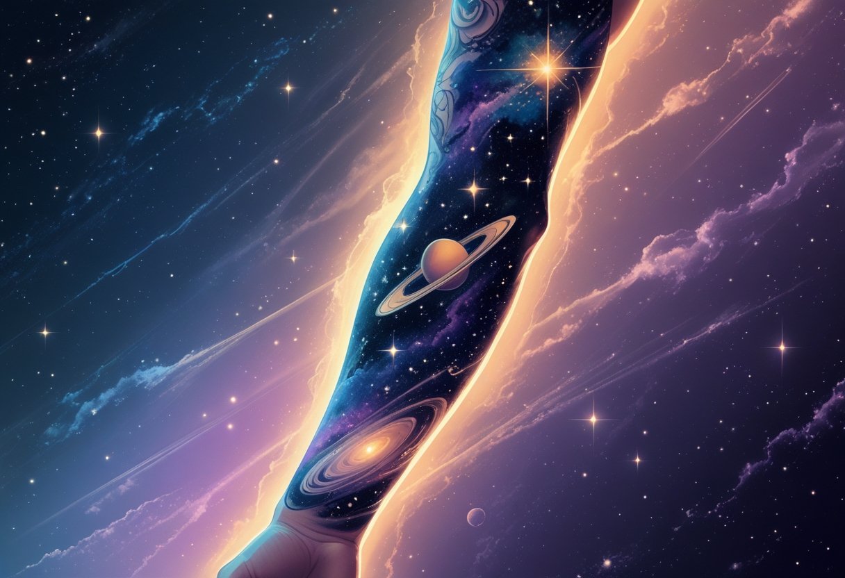 Braço humano com uma tatuagem detalhada que mostra elementos do universo, como estrelas, planetas e galáxias, com um fundo escuro que lembra o espaço.