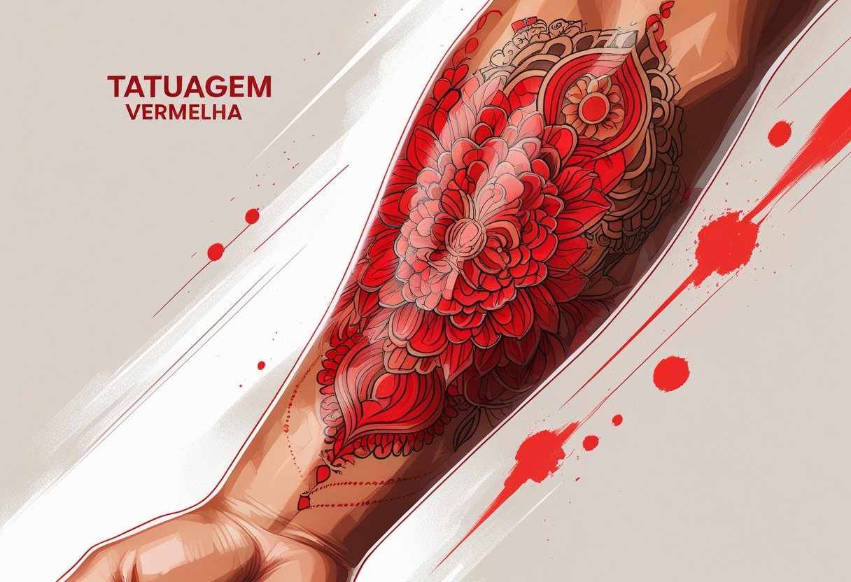 Braço humano com uma tatuagem vermelha detalhada e intrincada, mostrando padrões tradicionais e elementos simbólicos.