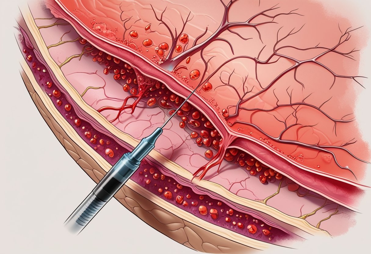 Ilustração mostrando uma seção transversal da pele com tinta vermelha de tatuagem sendo depositada e interagindo nas camadas internas da pele.