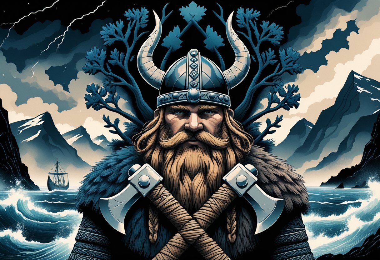 Ilustração de um guerreiro viking com capacete e machado, cercado por símbolos nórdicos como navio, árvore Yggdrasil e martelo de Thor, em uma paisagem com montanhas e céu tempestuoso.