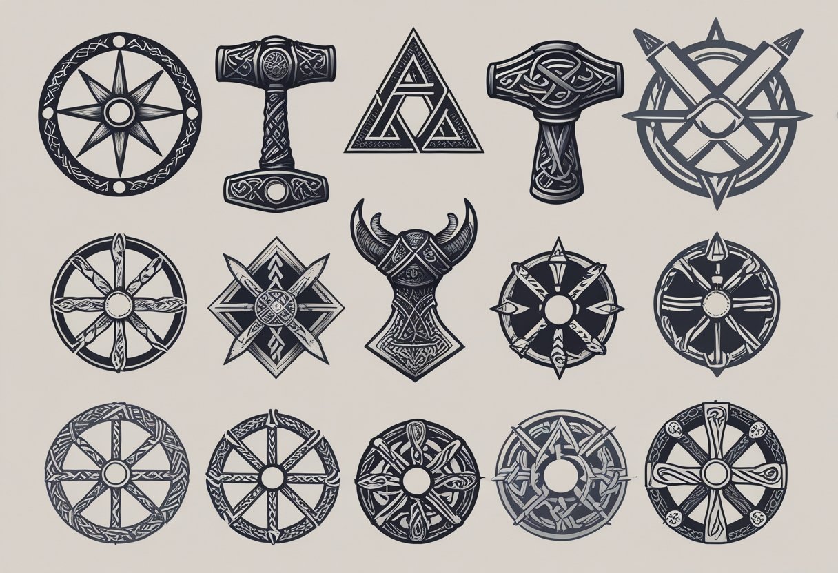 Ilustração mostrando os principais símbolos vikings usados em tatuagens, incluindo o Vegvisir, Mjölnir, Valknut, Yggdrasil e o Elmo de Terror, dispostos juntos sobre um fundo neutro.