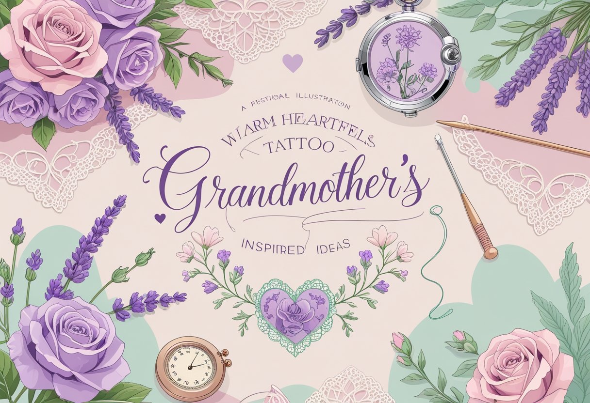 Tatuagem Vó: Ideias e Significados Para Homenagear Sua Avó Ilustração mostrando ideias de tatuagens inspiradas em elementos relacionados à avó, como flores, relógio antigo, agulhas de tricô e um medalhão em forma de coração.