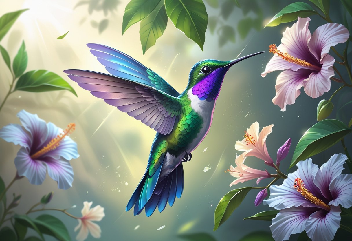 Beija flor tatuagem: significados e inspirações para sua próxima arte Um beija-flor colorido voando cercado por flores delicadas e folhas, transmitindo uma sensação de beleza e liberdade.