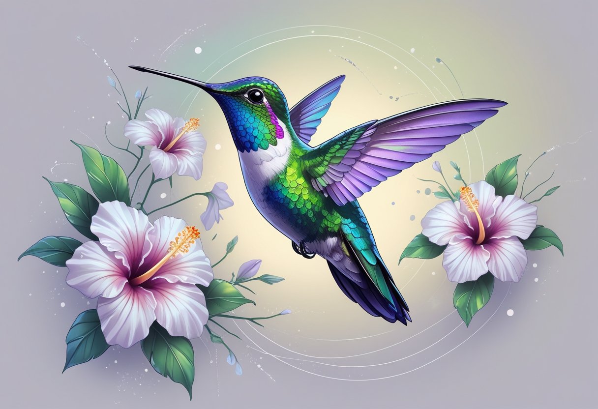 Beija flor tatuagem: significados e inspirações para sua próxima arte Um beija-flor colorido voando entre flores delicadas, transmitindo uma sensação de vitalidade e harmonia.