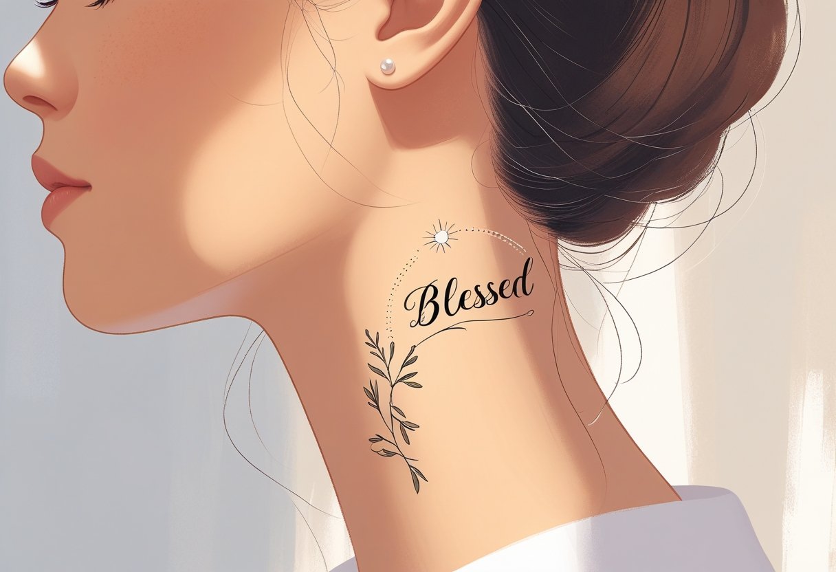 Close-up do lado do pescoço de uma pessoa com uma tatuagem delicada que simboliza bênção, com elementos como halo, raios de luz e flores suaves.