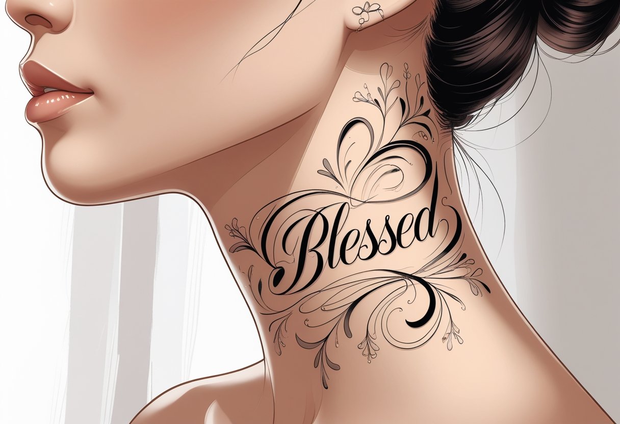 Ilustração detalhada de uma tatuagem no pescoço com a palavra 'Blessed' integrada ao desenho, mostrando a lateral do pescoço de uma pessoa.