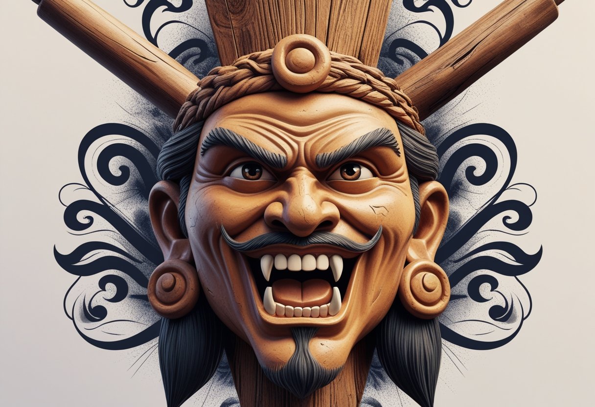 Ilustração de uma carranca tradicional com rosto expressivo e detalhes em madeira, acompanhada por elementos que remetem a desenhos de tatuagem.
