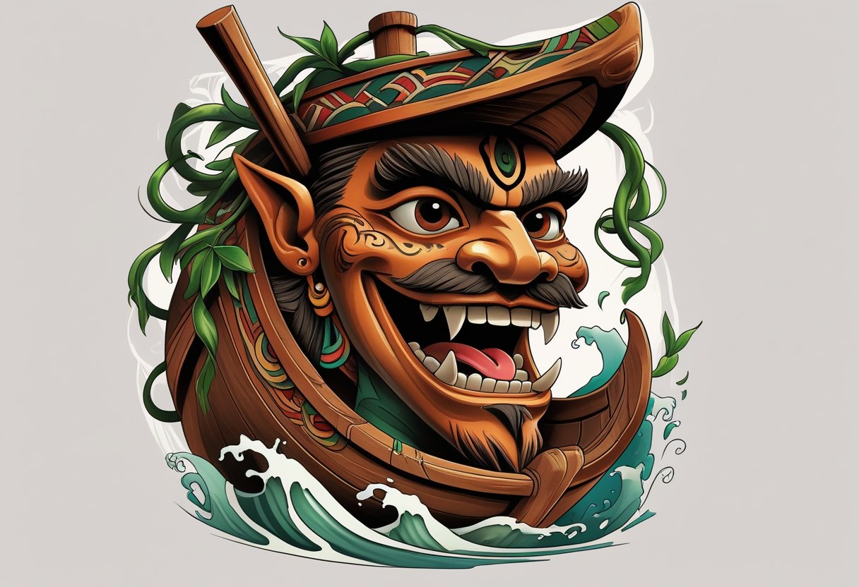 Ilustração de uma carranca tradicional brasileira com rosto expressivo e detalhes de padrões tribais e elementos naturais ao redor.