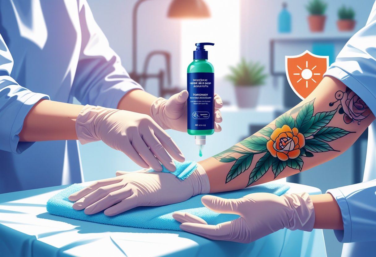 Braço com uma tatuagem recém-feita recebendo cuidados, com mãos aplicando pomada e pano macio, em um ambiente limpo e profissional.