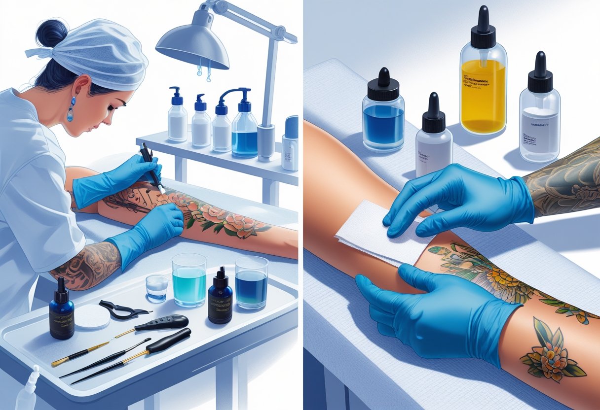 Cena mostrando a preparação para fazer uma tatuagem com o artista limpando a pele e a aplicação de cuidados após a tatuagem em um braço.