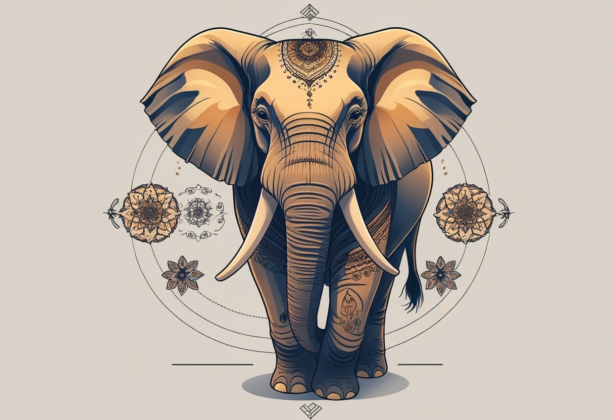 Ilustração detalhada de um elefante com padrões ornamentais e elementos decorativos ao redor, transmitindo força, sabedoria e proteção.