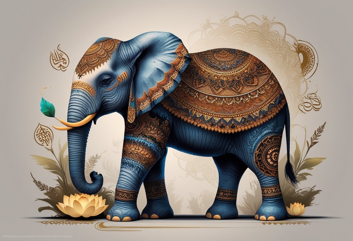 Ilustração de um elefante com tatuagens detalhadas que representam diferentes culturas, incluindo padrões indianos, africanos e do sudeste asiático, com elementos simbólicos ao redor.