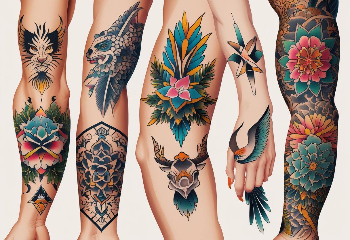 Ilustração profissional mostrando diferentes estilos de tatuagem em várias partes do corpo, com detalhes variados e cores diversas.