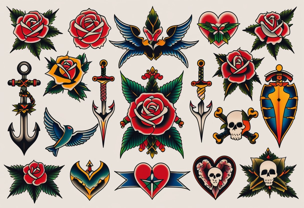 Ilustração detalhada mostrando vários desenhos de tatuagem tradicionais em um fundo neutro.