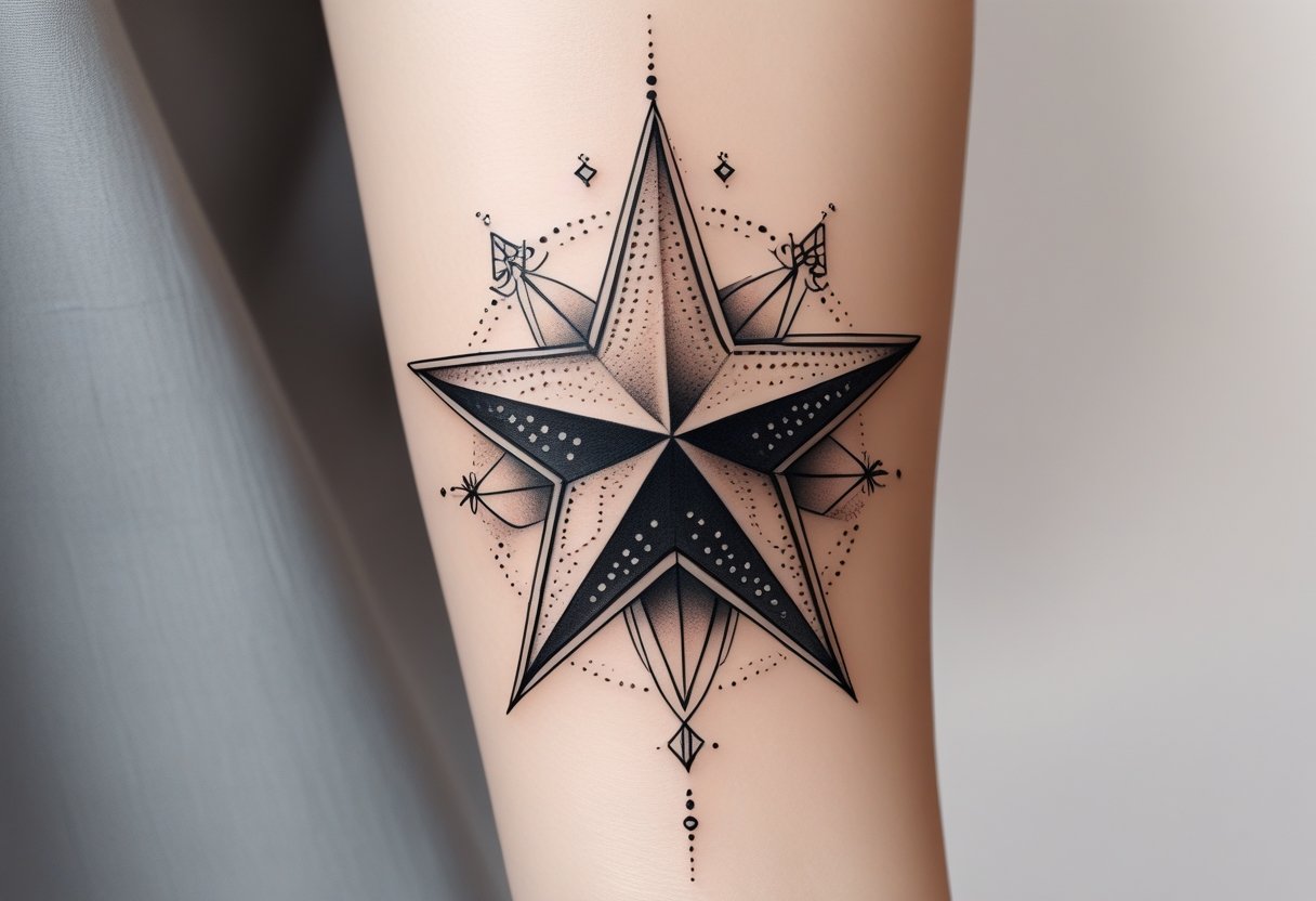 Ilustração de uma tatuagem de estrela detalhada no antebraço, com padrões intrincados e elementos geométricos ao redor.