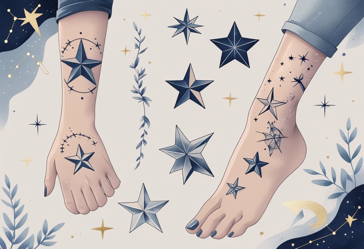 Ilustração de vários tipos de tatuagens de estrelas em diferentes partes do corpo, com elementos simbólicos como constelações e brilhos ao redor.