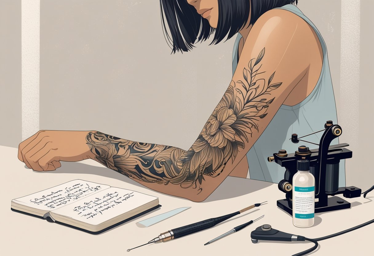 Fotos de tatuagem no braço: inspirações e estilos para todos os gostos Braço com uma tatuagem detalhada, ao lado um caderno com anotações, uma máquina de tatuagem e um frasco de antisséptico sobre uma superfície limpa.