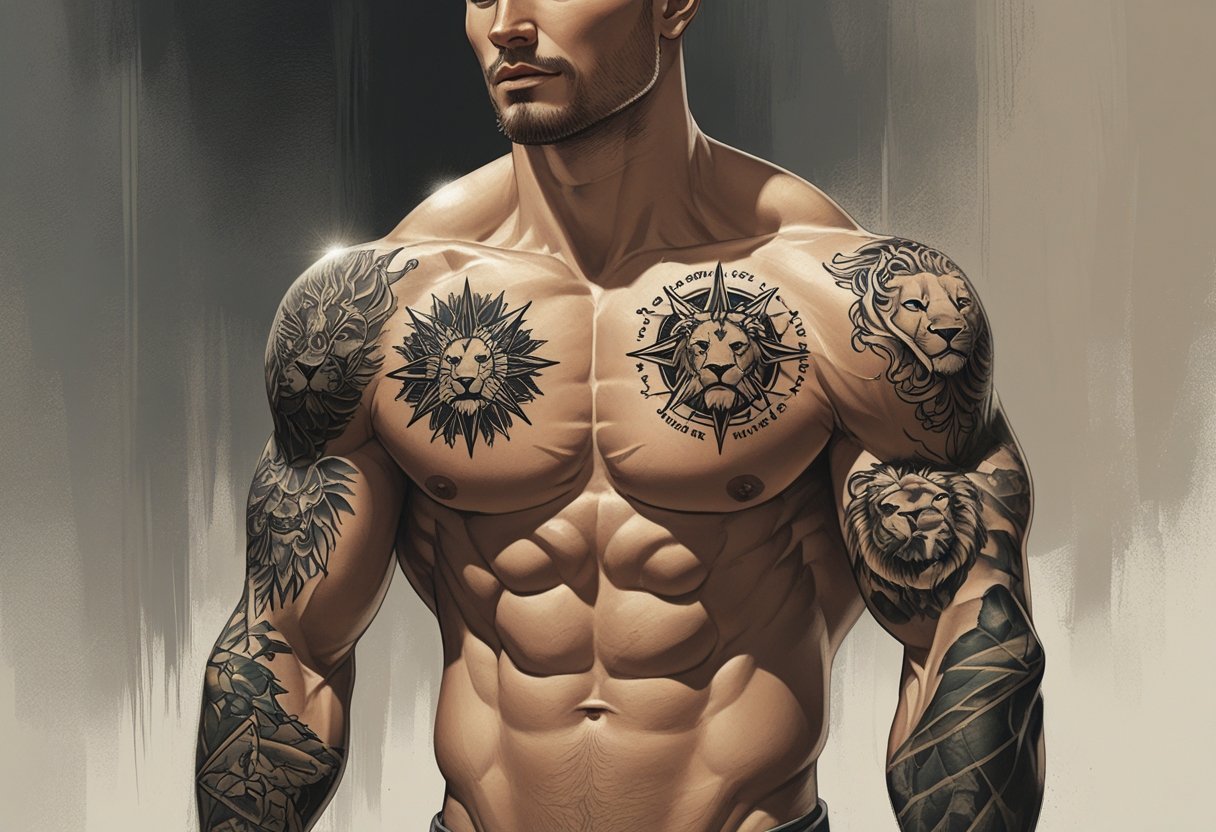 Frases Tatuagem Masculina: Inspirações e Ideias para Seu Próximo Desenho Homem com tatuagens significativas nos braços e peito, mostrando símbolos de força, coragem e crescimento pessoal.