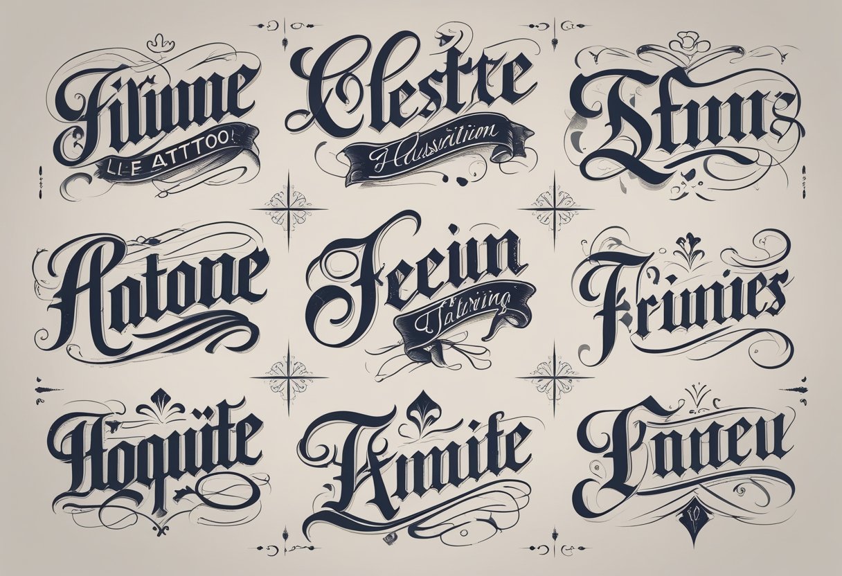 Frases Tatuagem Masculina: Inspirações e Ideias para Seu Próximo Desenho Ilustração mostrando diferentes estilos de frases para tatuagem masculina, com várias formas de letras decorativas e elementos ornamentais.