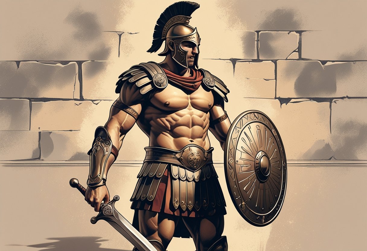 Gladiador Tatuagem: Significados, Estilos e Inspirações Ilustração de um gladiador romano musculoso com armadura e capacete, segurando uma espada e um escudo em uma arena antiga.