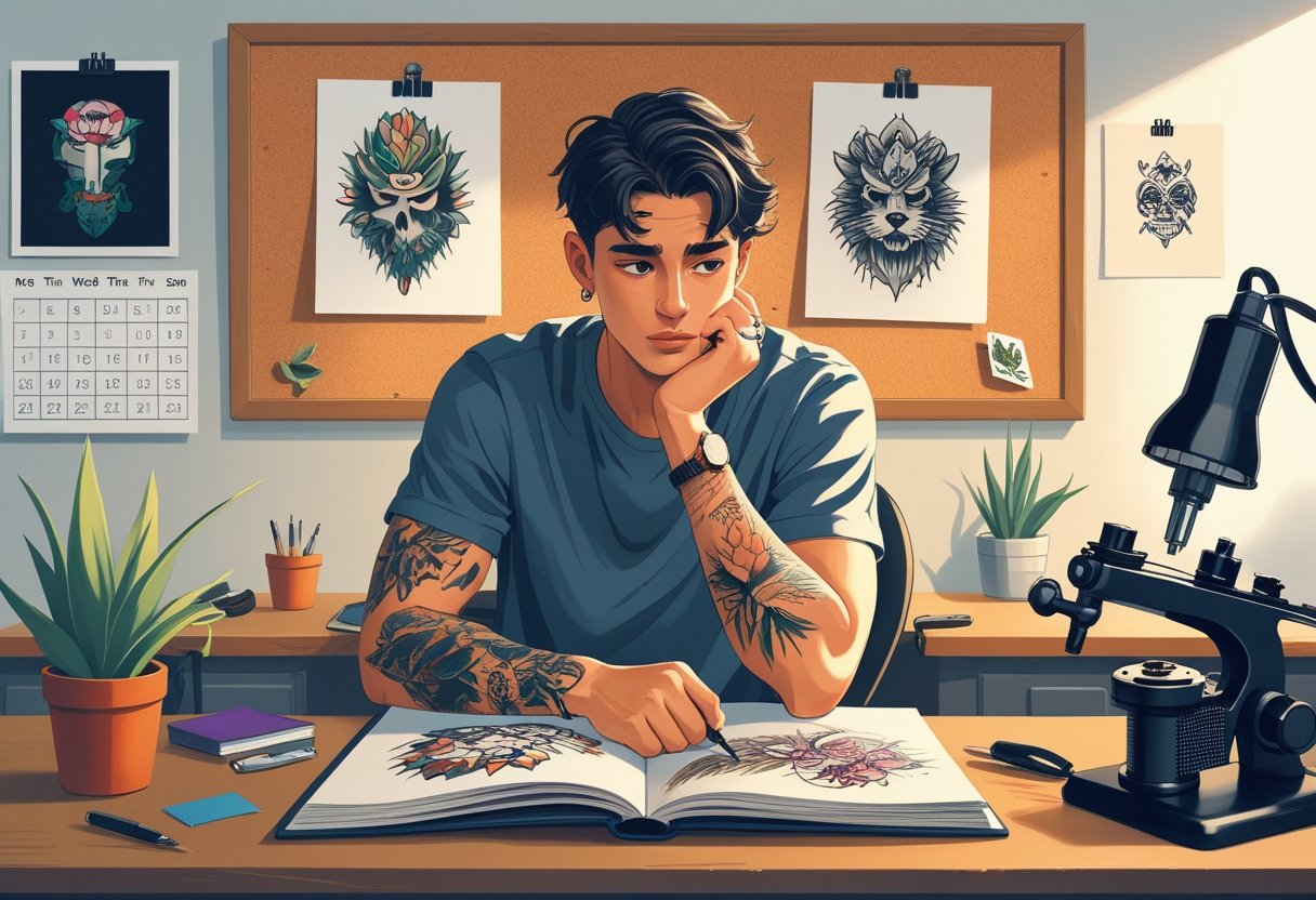 Pessoa sentada em uma mesa, olhando para um caderno com desenhos de tatuagem, cercada por elementos relacionados a tatuagens em um ambiente organizado.